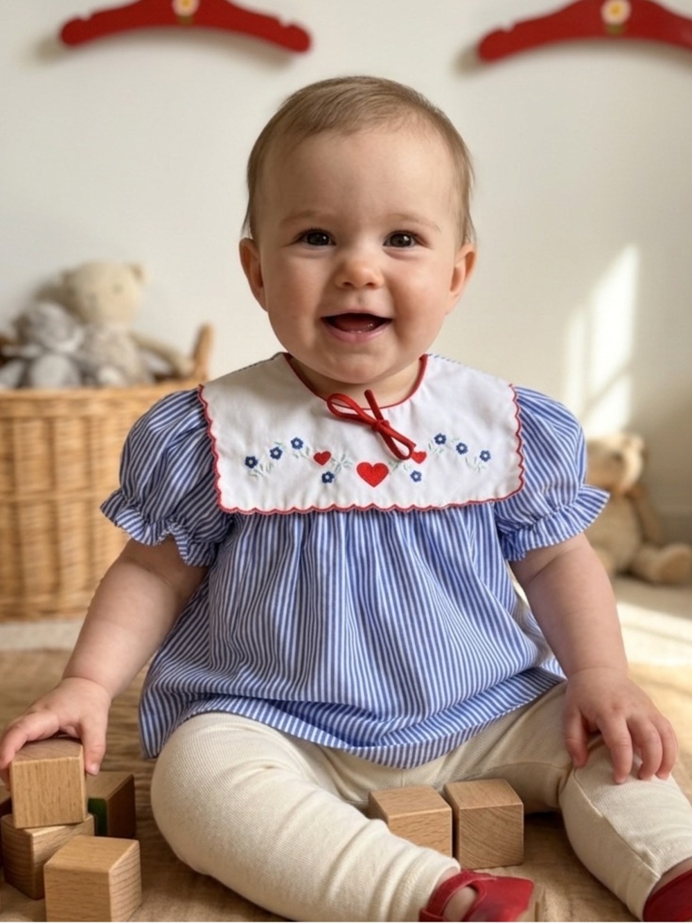 Vintage 12 Months Blue White Striped Baby Dress Embroidered Scalloped Collar